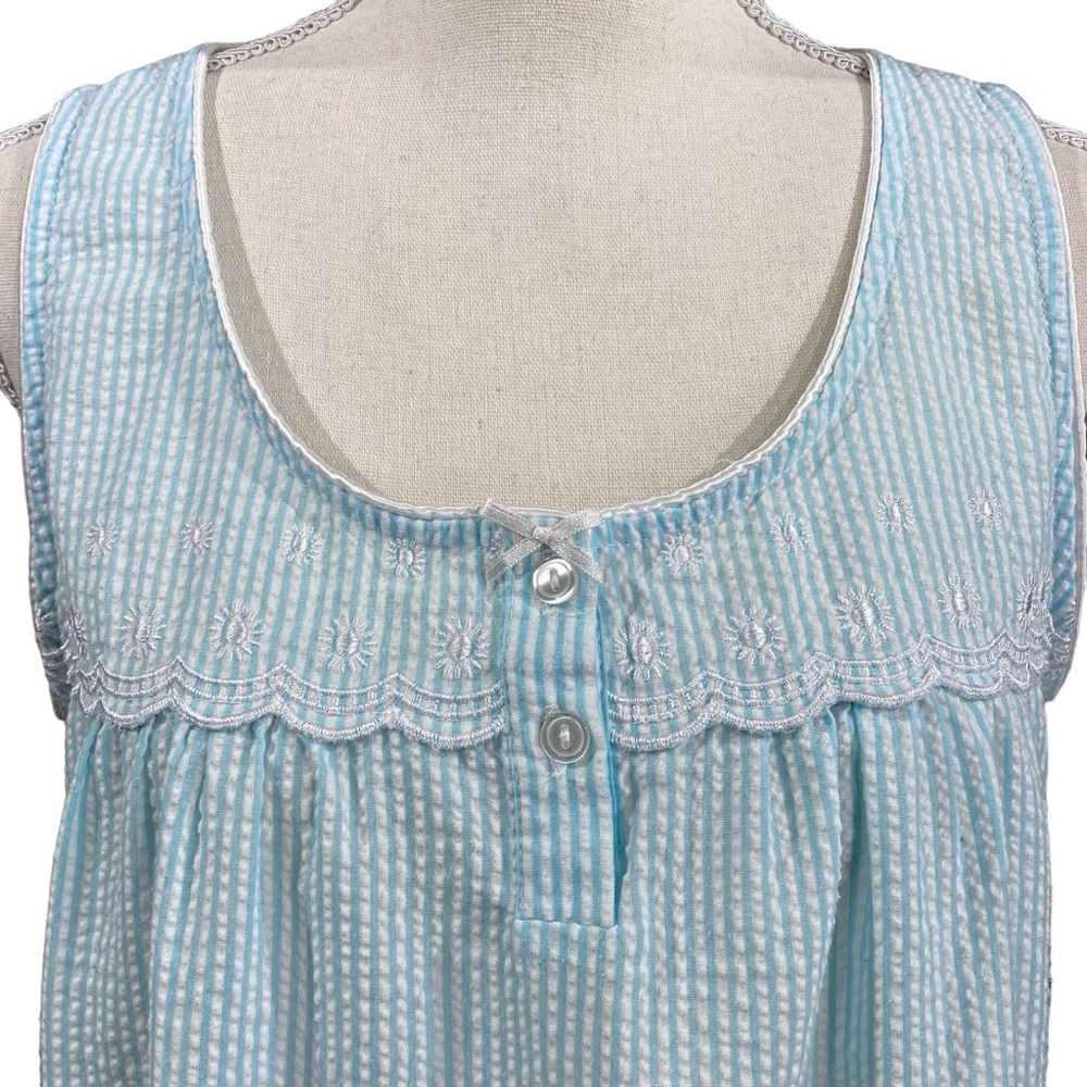 Miss Elaine Nightgown M Blue White Striped Embroidered Lightweight Pockets - Picture 6 of 8